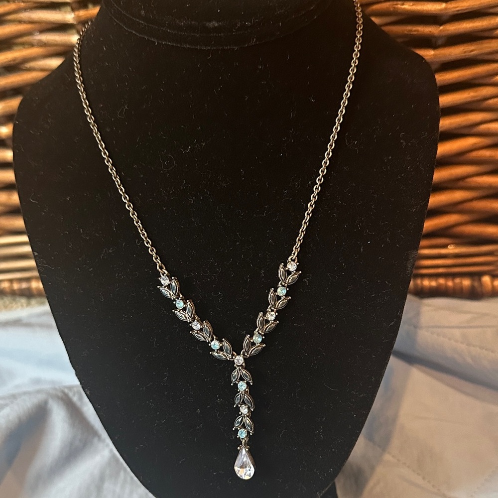 Vintage Avon Gunmetal Y- Necklace with Blue Rhinestone Accents